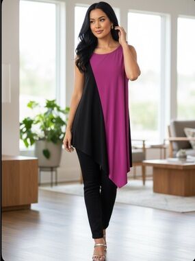 Joseph Ribkoff Fuchsia and Black Asymmetrical Sleeveless Tunic Dress